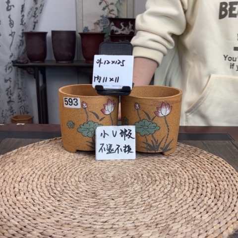 紫砂花盆微瑕柴烧手绘直筒到手2只593