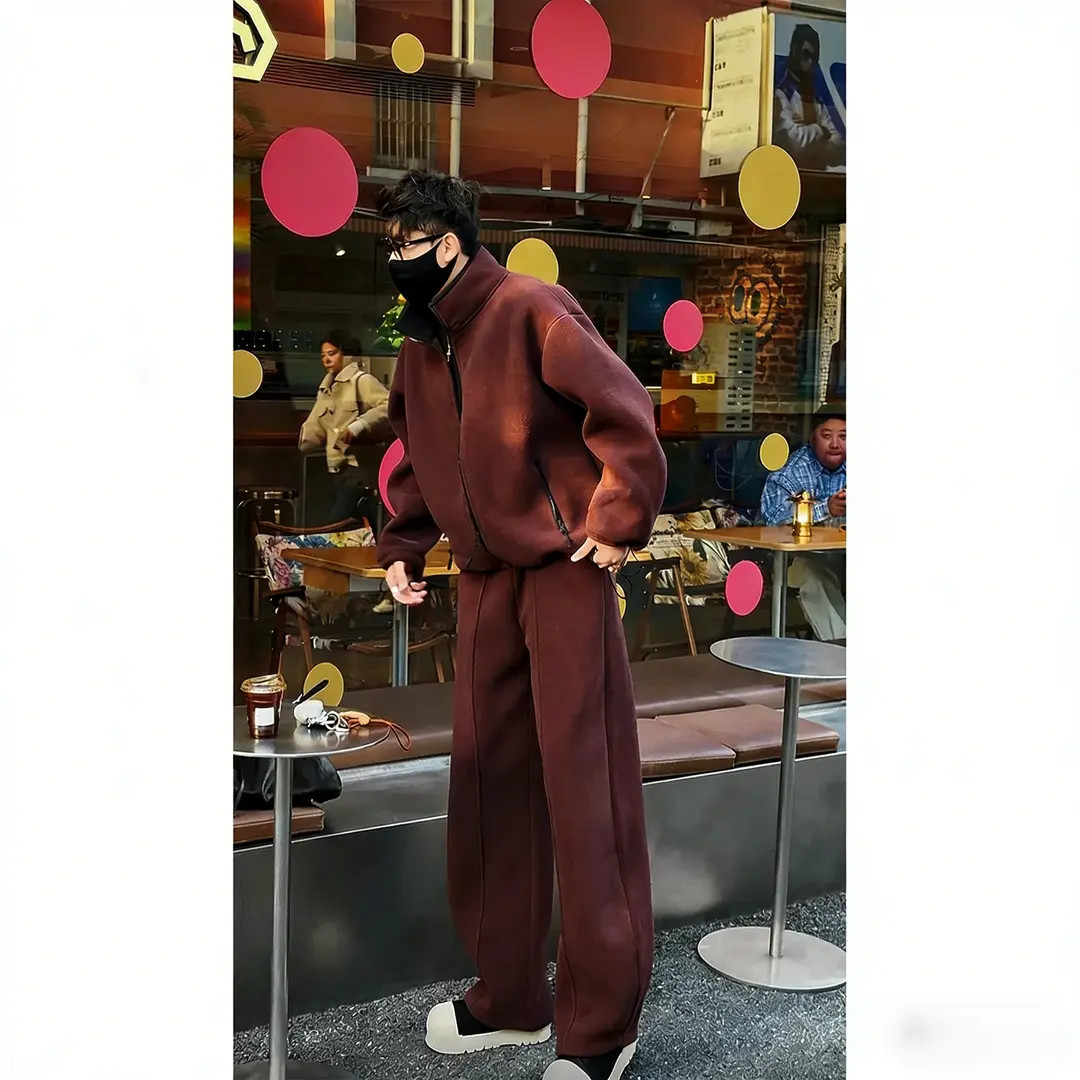 秋冬新品重磅双面摇粒绒休闲套装男慵懒风保暖舒适百搭外套长裤