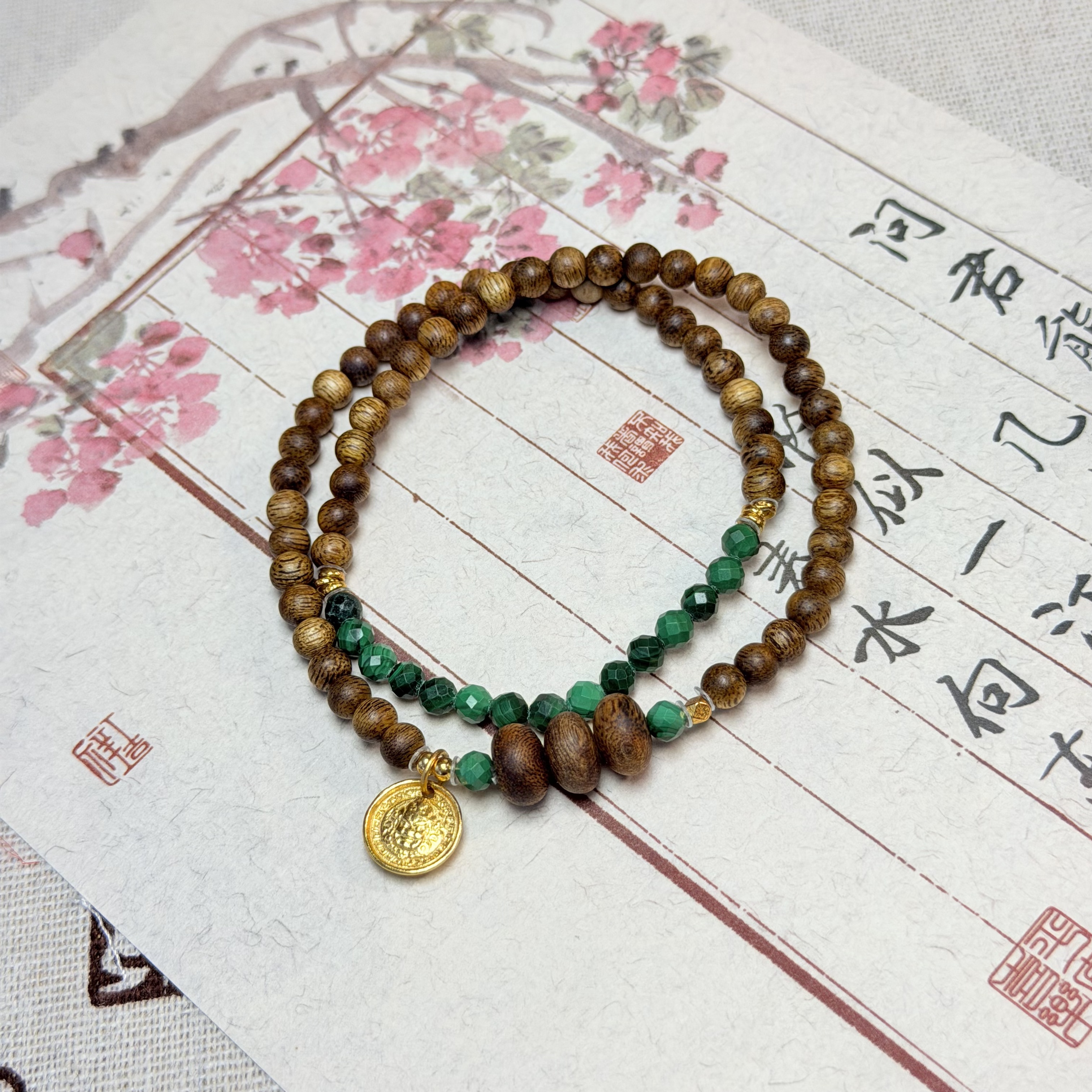 沉香【Y】QS1520棋楠沉香双圈手串diy算盘珠&孔雀石4-8mm+