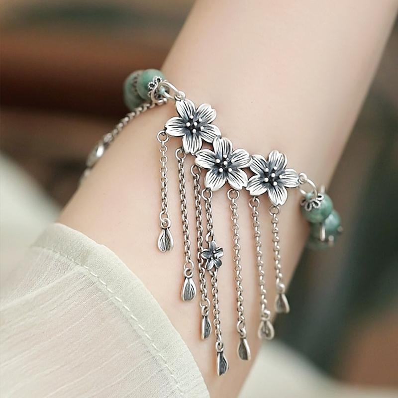 <一禅兄>S925银翡翠圆珠算盘珠三朵桃花带流苏平安喜乐手链