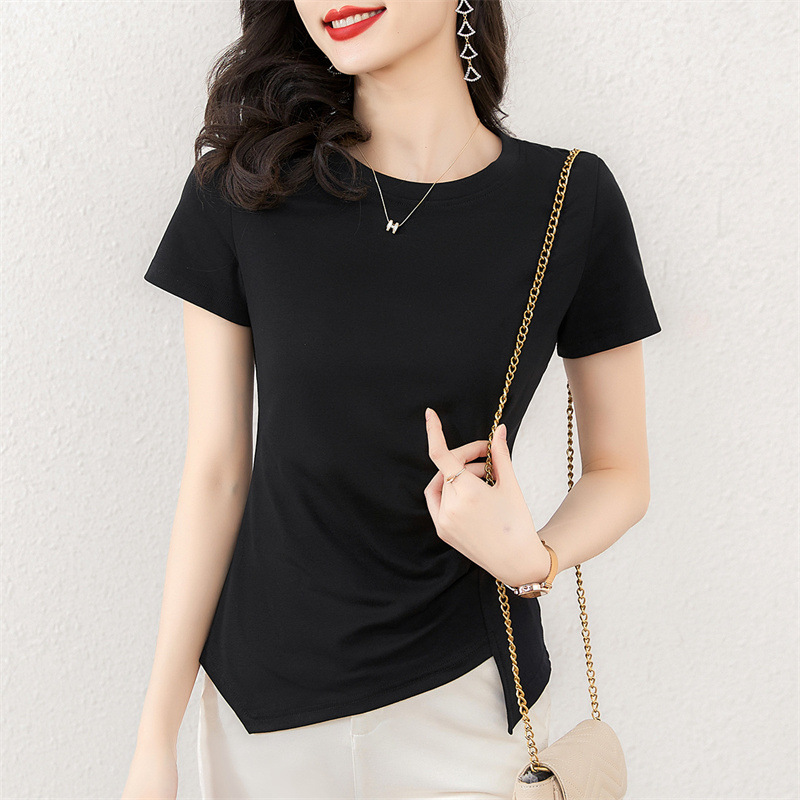 不规则圆领短袖T恤女上衣薄款打底2025夏季新款时尚修身显瘦体恤
