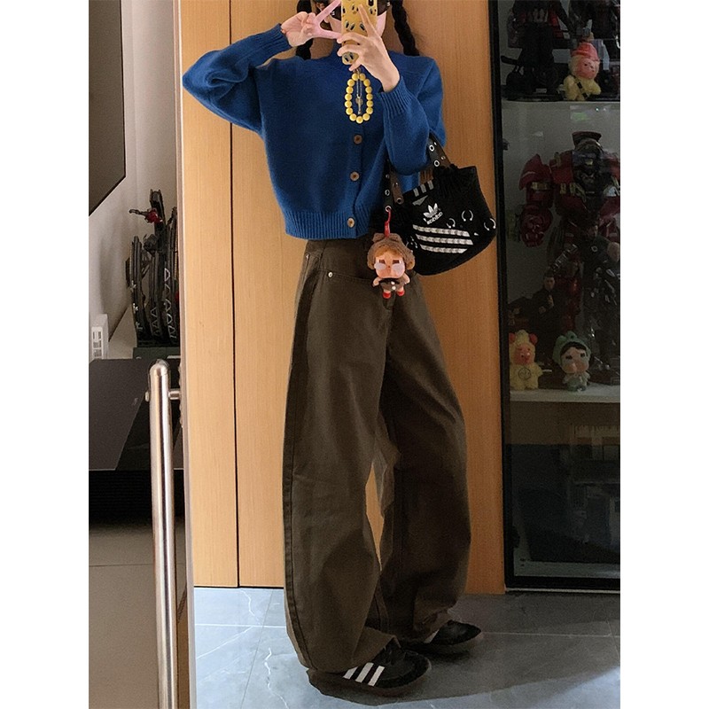 加绒美拉德棕咖色弯刀牛仔裤女冬季新款宽松阔腿显瘦工装直筒裤子