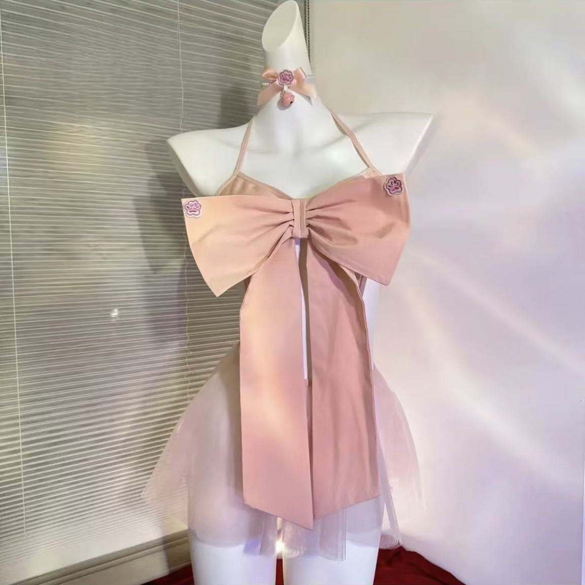 恋迷 粉色大蝴蝶结纯欲诱惑拼接网纱薄透睡衣内衣甜妹性感甜美