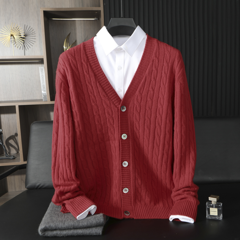 100纯山羊绒衫男士双股加厚V领麻花开衫商务休闲安哥拉红羊绒外套