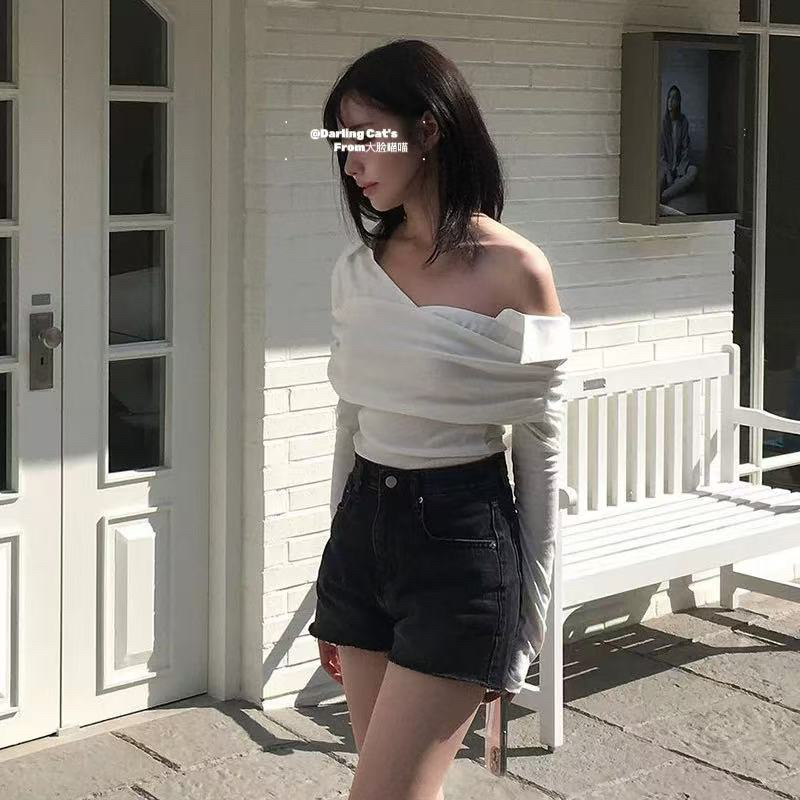 大脸喵 清冷钓系 芭蕾风露肩衬衫领假两件T恤修身显瘦气质上衣