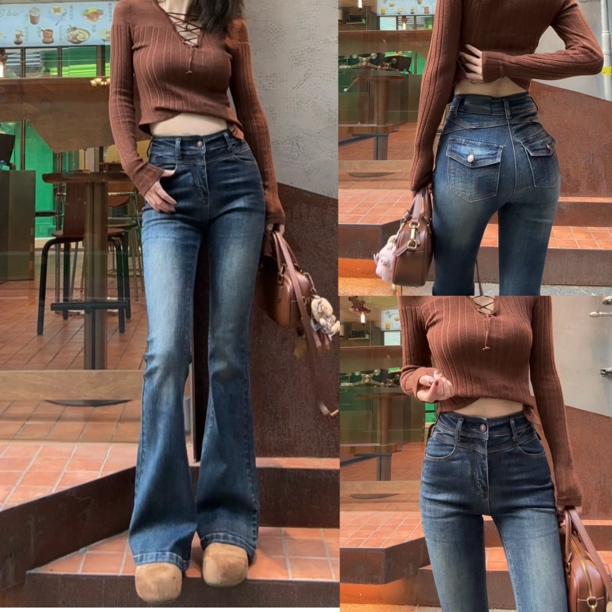 提臀显瘦！蜜桃臀紧身高腰复古加绒修身弹力微喇叭牛仔裤女
