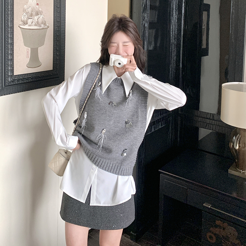 学院风复古减龄衬衫上衣马甲套装女2025春秋新款高级感时尚两件套