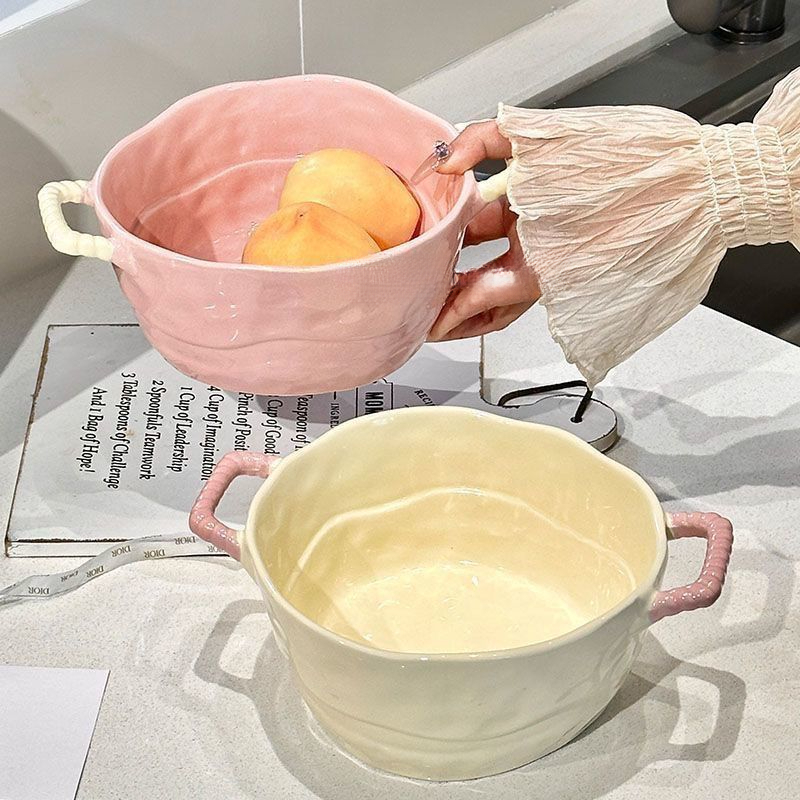 双耳汤碗陶瓷家用手柄碗烘焙烤碗沙拉水果碗ins汤碗空气炸锅专用Y