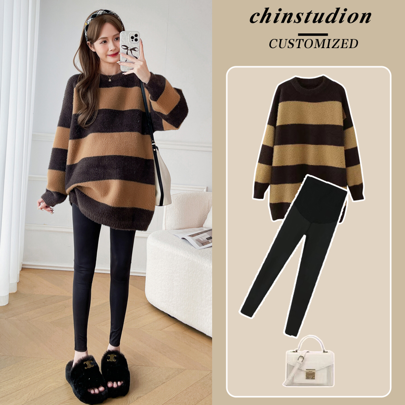 加厚孕妇打底衫秋冬季外穿时尚慵懒风加厚条纹毛衣中长款孕妇上衣