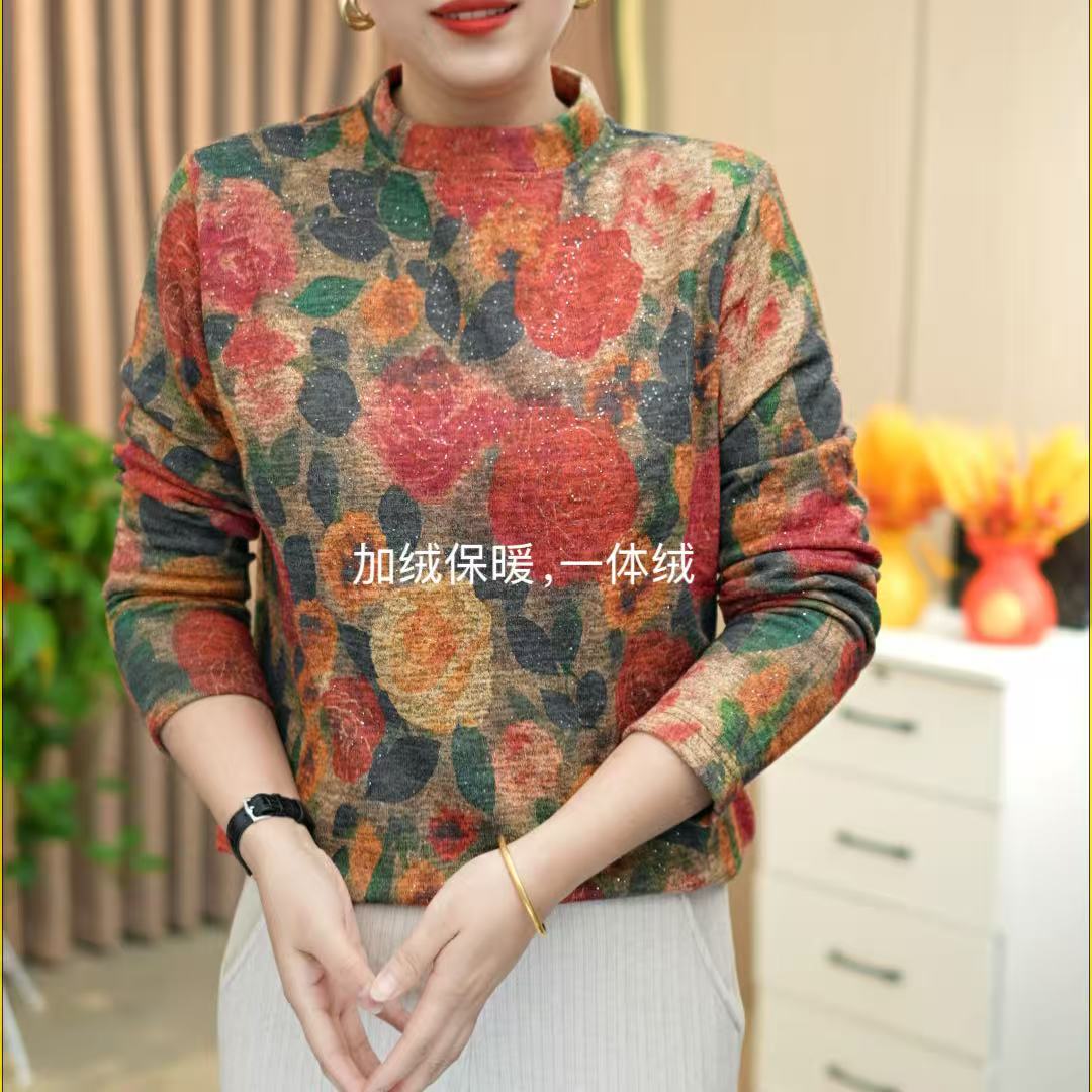 妈妈装冬季新款加绒保暖圆领打底衫时尚洋气大码中老年长袖小衫