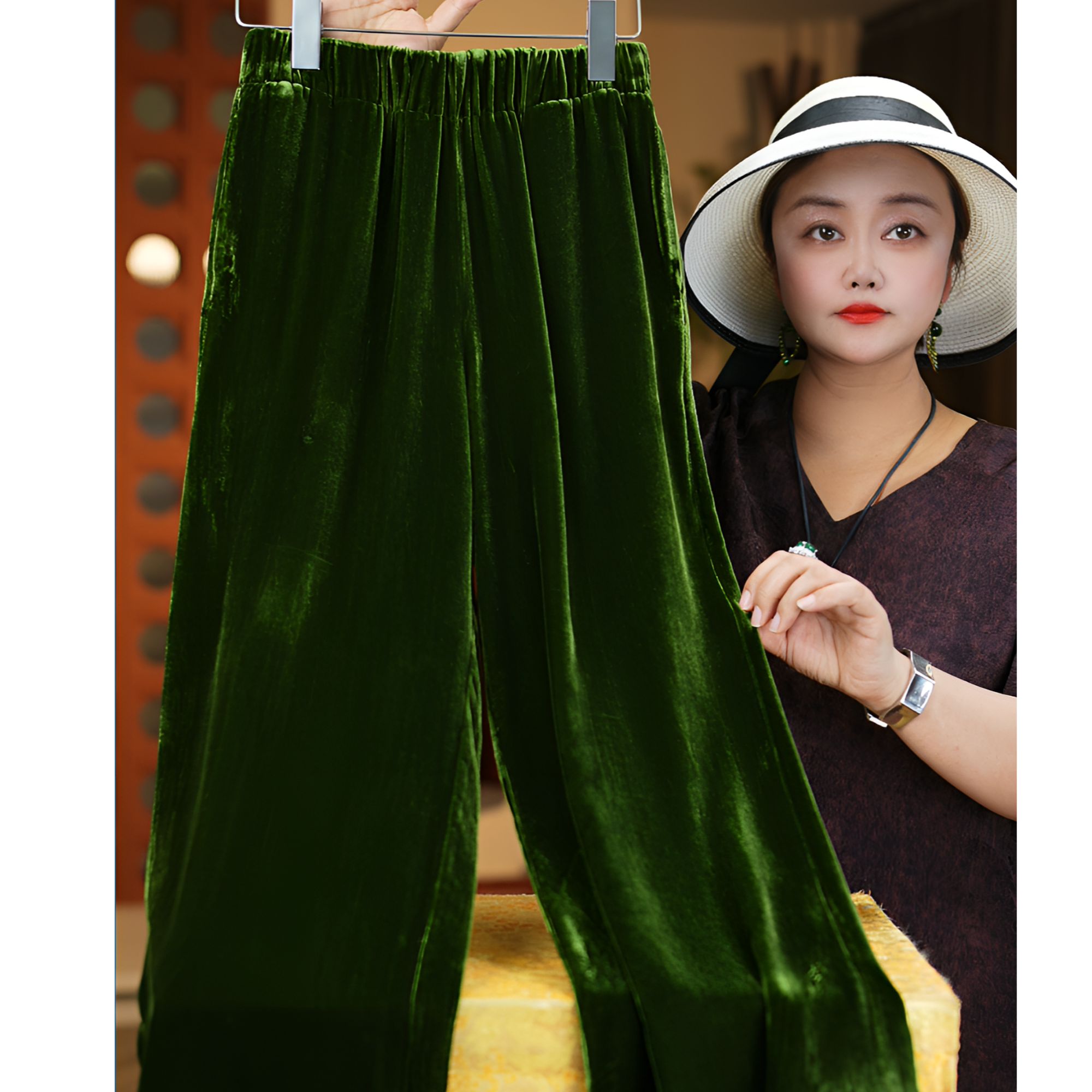 高腰显瘦桑蚕丝真丝丝绒气质女装洋气时尚百搭国风宽松裤子1357