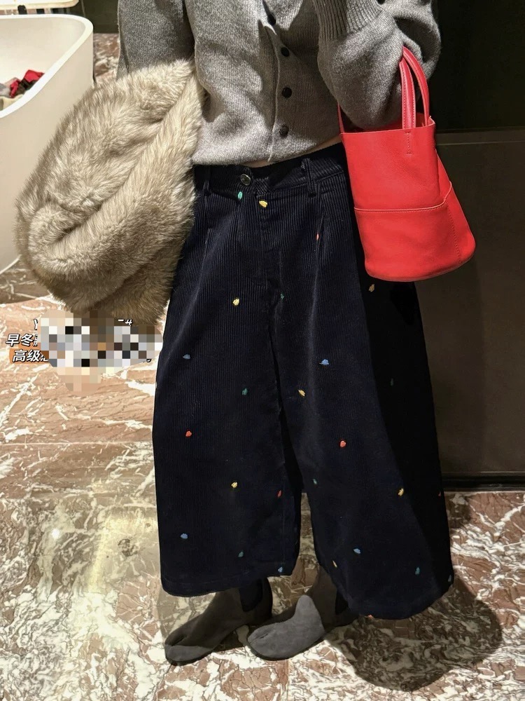 彩色爱心刺绣灯芯绒阔腿裤女松紧腰休闲裤九分裤长裤