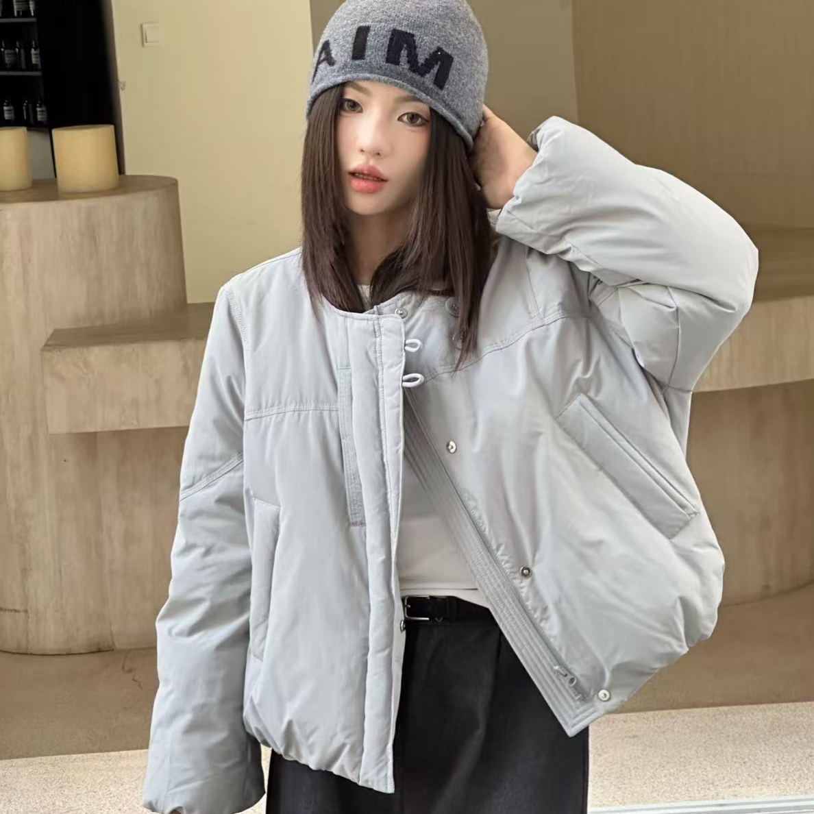 （衣长57）8959灰色韩系休闲风短款羽绒服冬季新款加厚外套