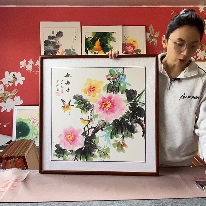 国画手写手绘带框包邮国画作品62✖️62