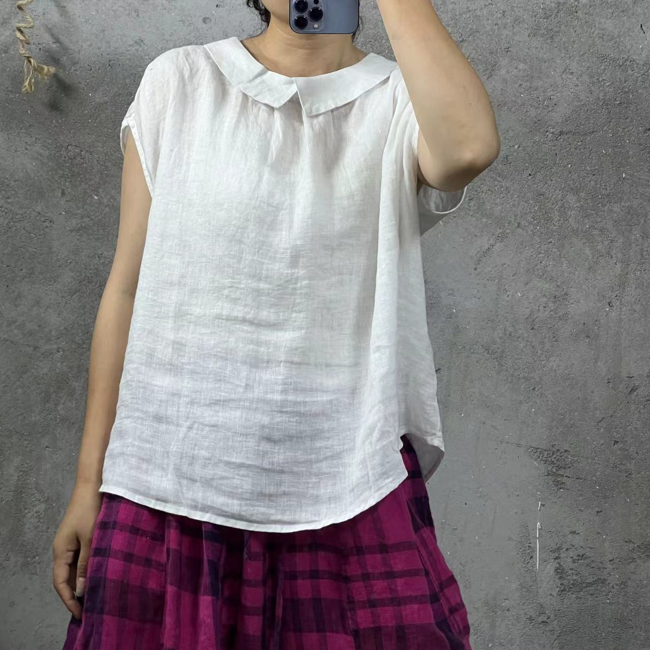 HH 33010 纯亚麻千鸟格前后两穿翻领小衫上衣（长度65胸围130）