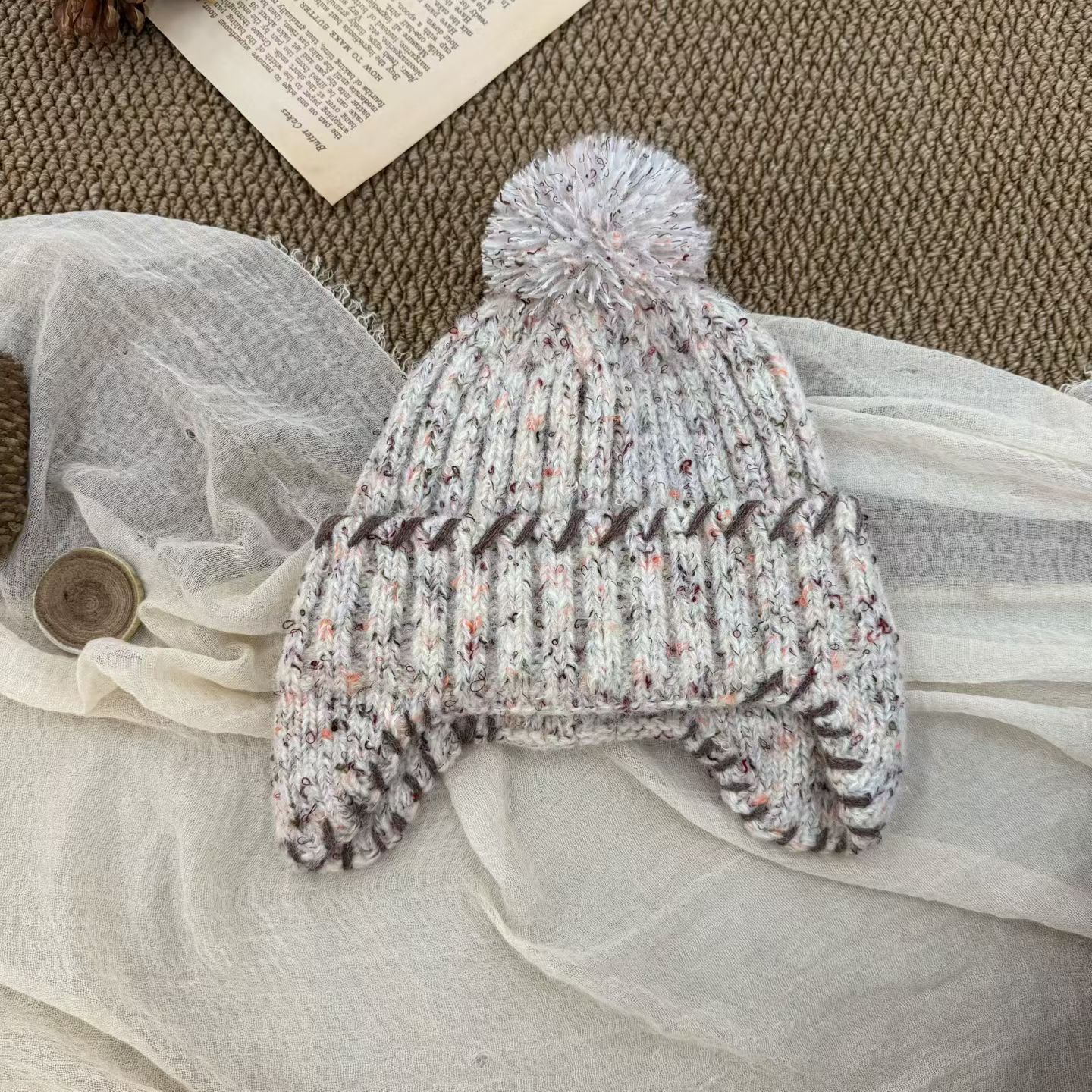 复古针织帽冷帽韩版包头帽帽子秋冬女口袋白色冬季