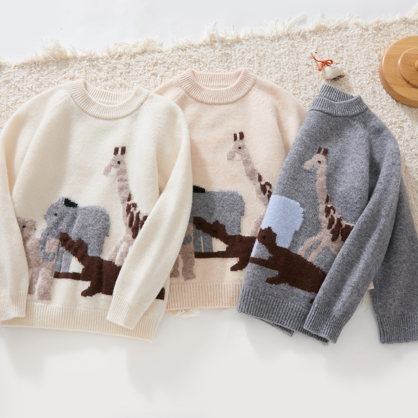 （T75）100%羊毛儿童款圆领插肩款动物提花针织打底羊毛衫