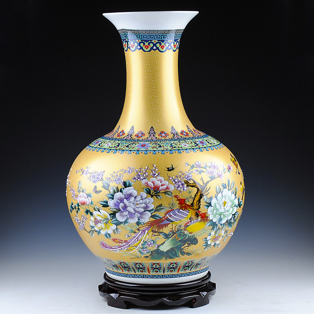 景德镇陶瓷花瓶客厅玄关电视柜摆件大号金色珐琅彩花鸟赏瓶装饰品