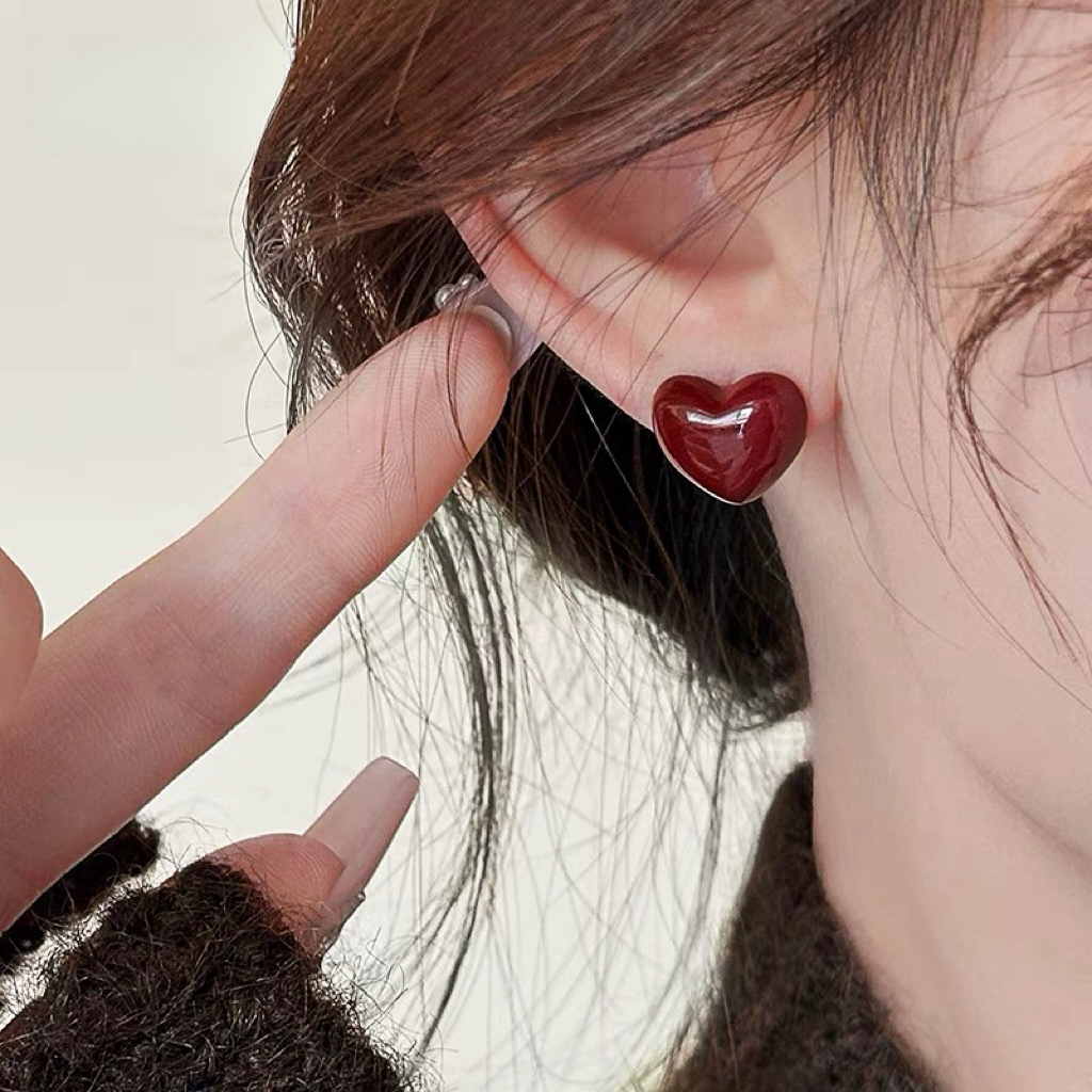 铜合金合成锆石耳饰 车厘子色爱心耳环气质时尚1388