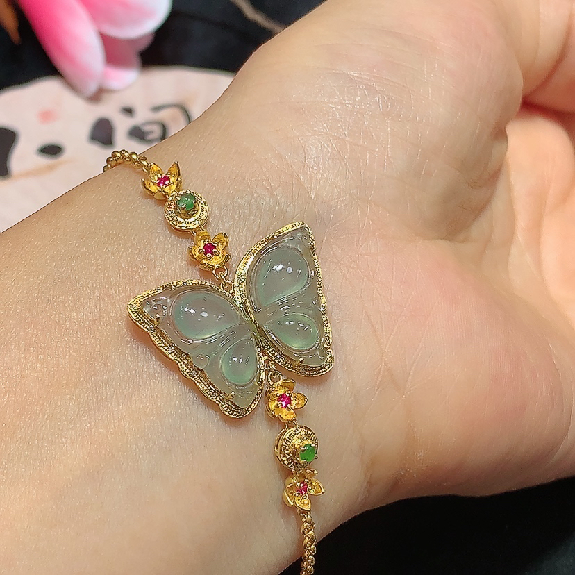18k金天然A货翡翠蝴蝶手链轻奢时尚气质百搭