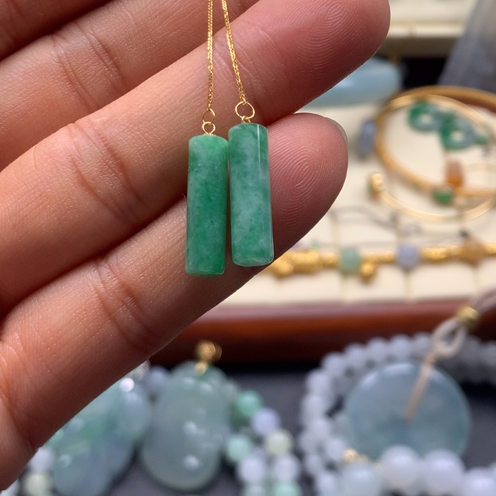 翡翠18K金镶嵌耳饰无事柱耳线