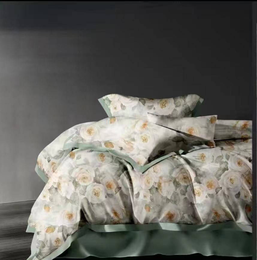 高支高密轻奢数码印花设计师款床品套件四件套简约高档加厚双面