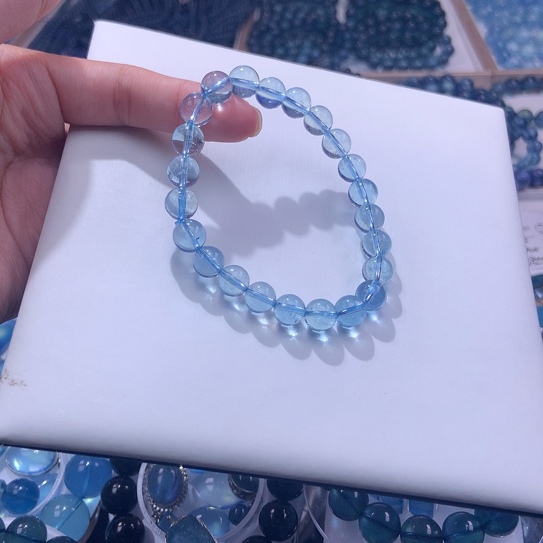 未镶嵌手串海蓝宝石麦***肉8mm玻璃体圣蓝450元 