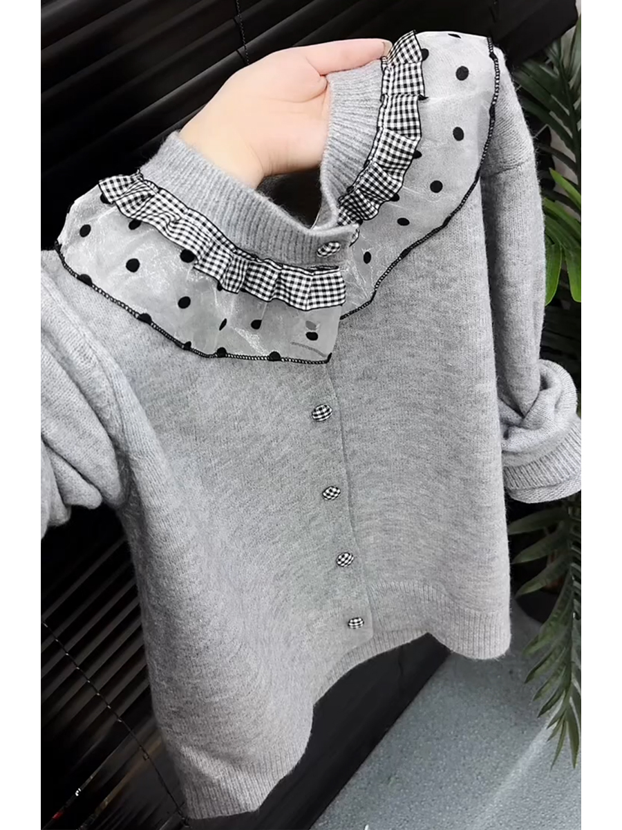 【现货】韩系时尚拼接设计灰色圆领针织开衫女2025秋冬新款洋气毛衣