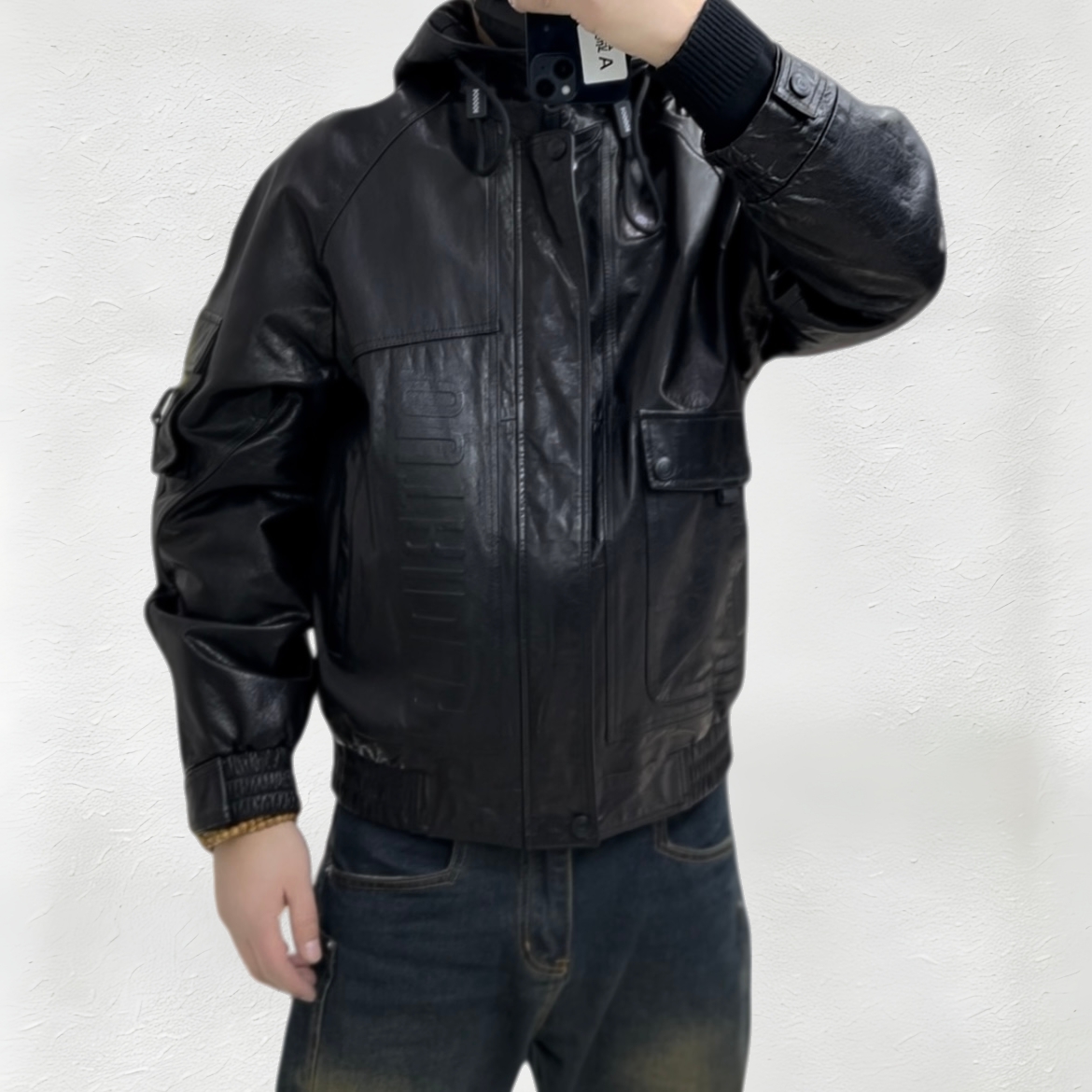 【真牛皮】头层牛皮连帽夹克 男士机车风真皮皮衣28055 