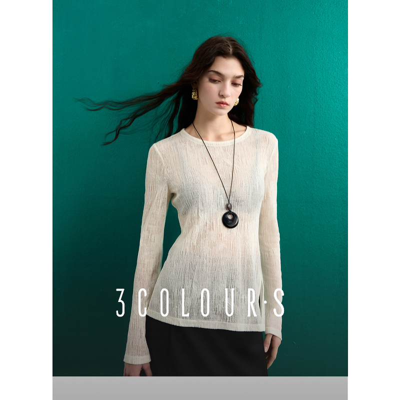 【粉丝专属】三彩2025春季新款提花肌理感T恤圆领正肩长袖上衣dbx