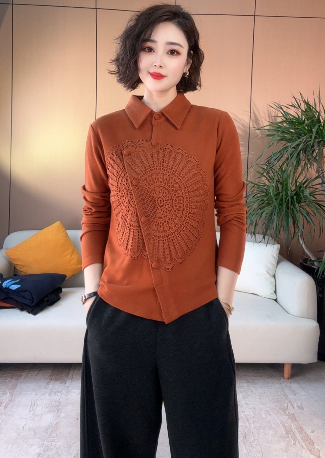 秋冬新中式纽扣衬衣保暖双面加绒显瘦打底休闲女士上衣1201