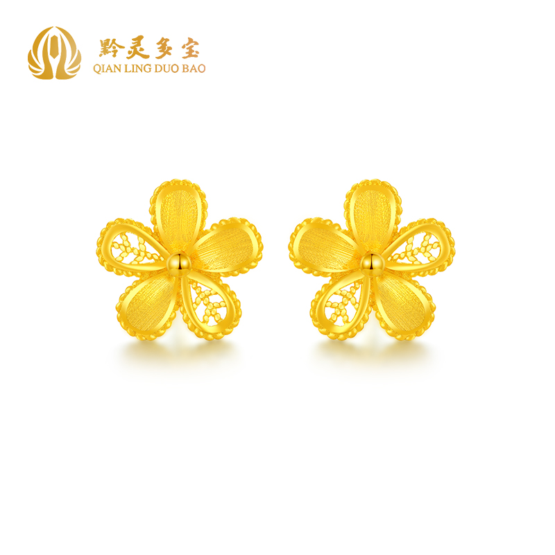 黔灵多宝足金小桃花吊耳钉太阳花黄金花朵百搭耳饰送女友礼物
