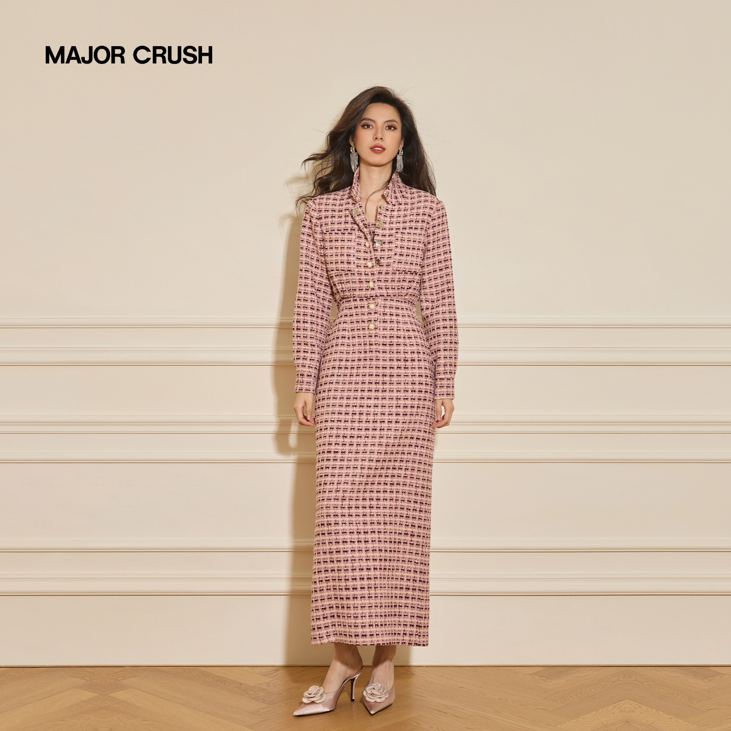 MAJOR CRUSH冬季新款浪漫予野小香连衣裙格子粗花呢小香风5517