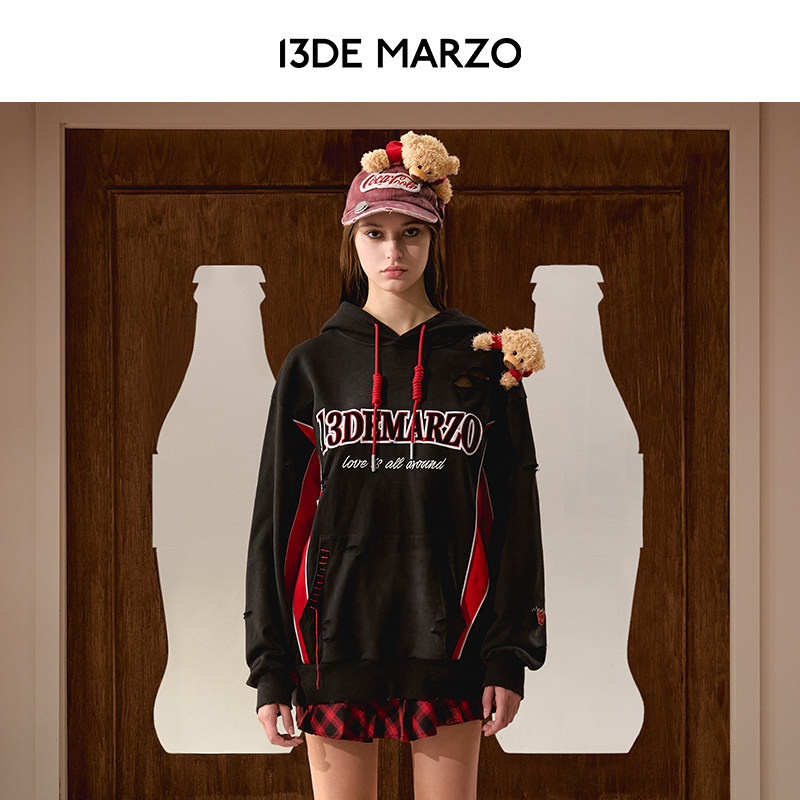 13DE MARZO男女同款 可口可乐联名系列拼接帽衫撞色街头连帽卫衣