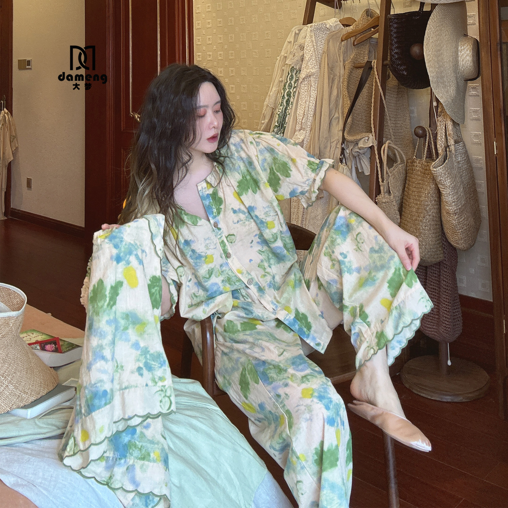 族玛士纯棉睡衣女2025新款春秋季夏天薄高级感简约大码家居服套装