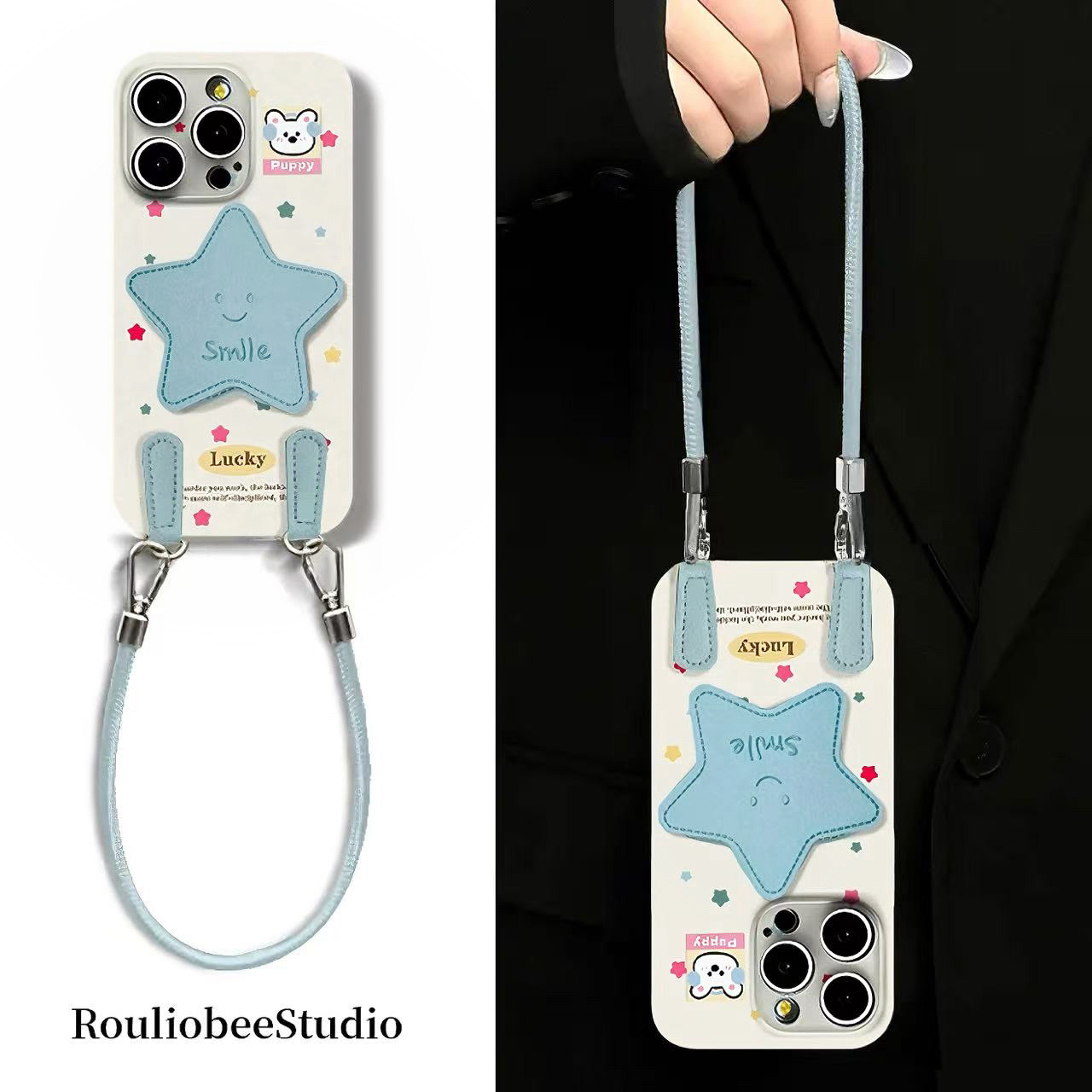 蓝星星支架挂绳适用苹果16手机壳iPhone15小米14女vivoppo华为p70