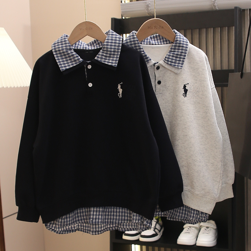 童装男童卫衣2025新款儿童春秋装假两件polo衫长袖t恤宽松帅气潮