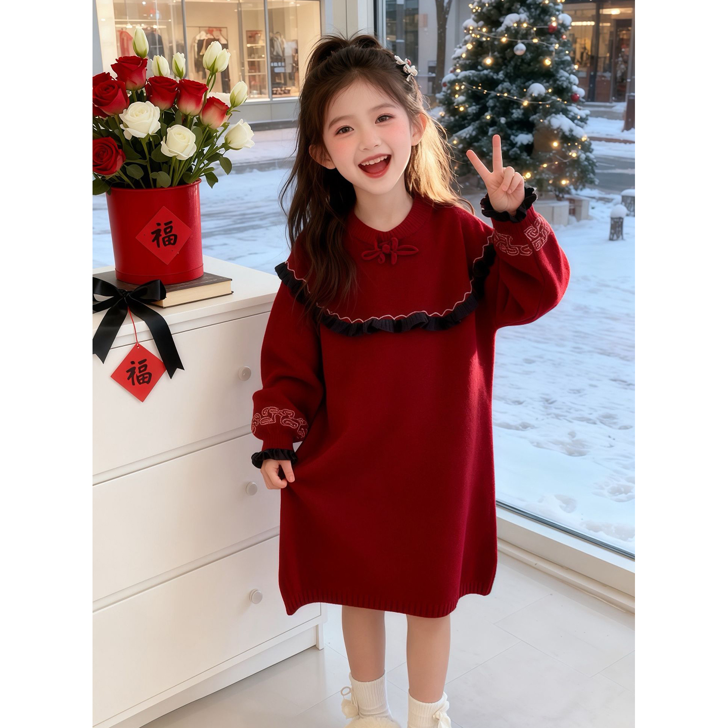 女童毛衣连衣裙秋冬装2025新款儿童裙子新年国风小女孩公主裙洋气