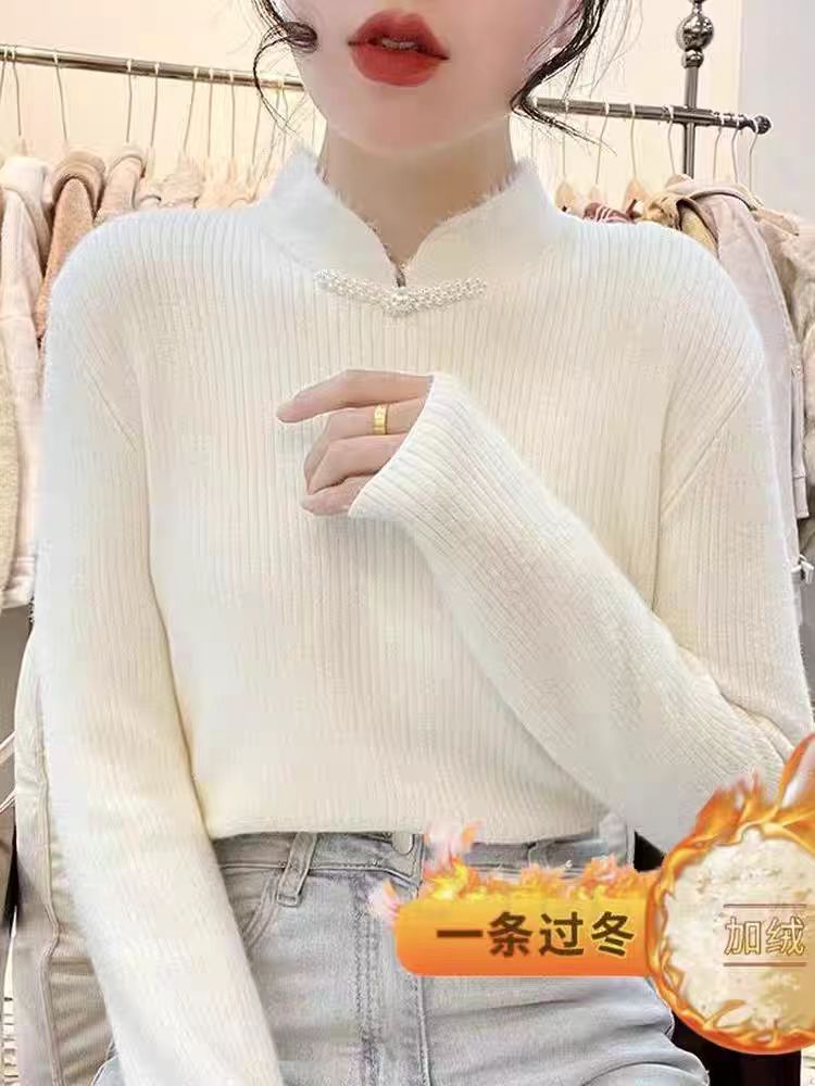858#半高领加绒毛衣打底衫女新款秋冬季穿搭上衣加厚新中式针织衫