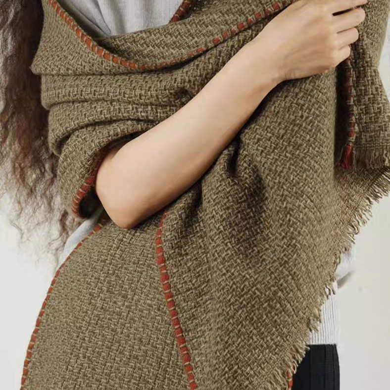 意单复古LP风100%纯羊绒花纱围巾毛穗边披肩外搭加厚保暖秋冬季