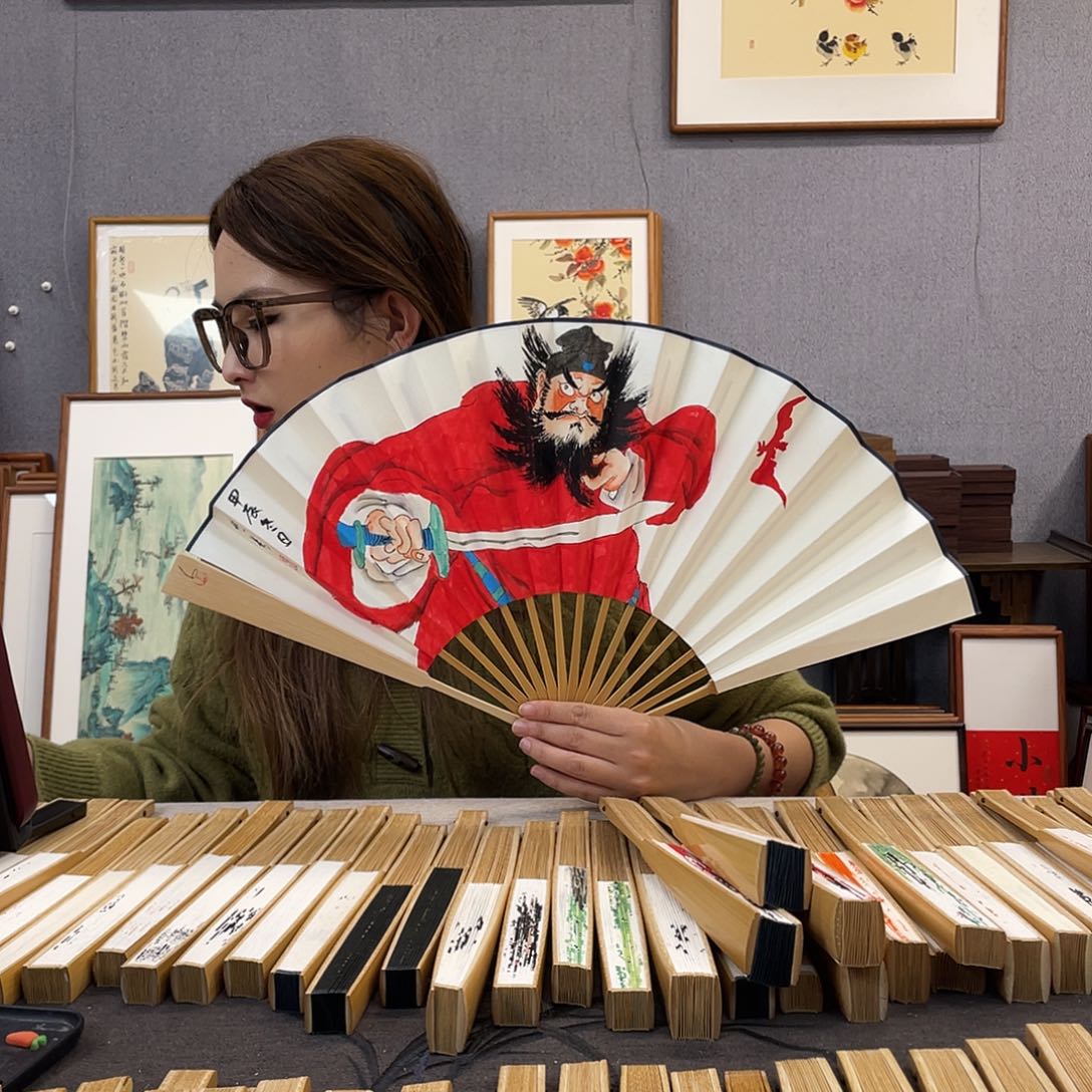 国画10寸玉竹-纯手绘-文玩扇骨（默认粘好）编码437