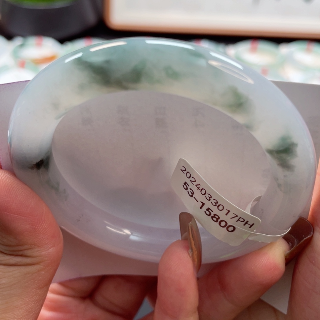 【闪购商品】翡翠手镯未镶嵌冰胶牛奶底飘花圆条53，11号