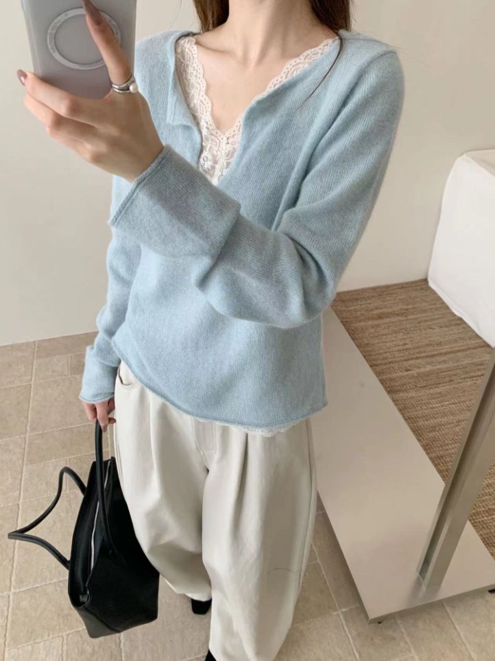 【潘潘608820】秋冬新款蜜熊绒珠片纱法式拼接蕾丝毛衣穿上就是仙女