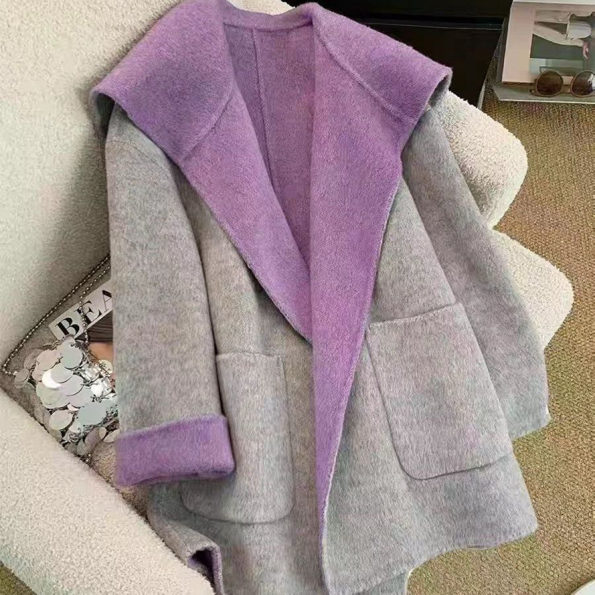 （A1）秋冬新款宽松长毛加厚双面羊毛大衣