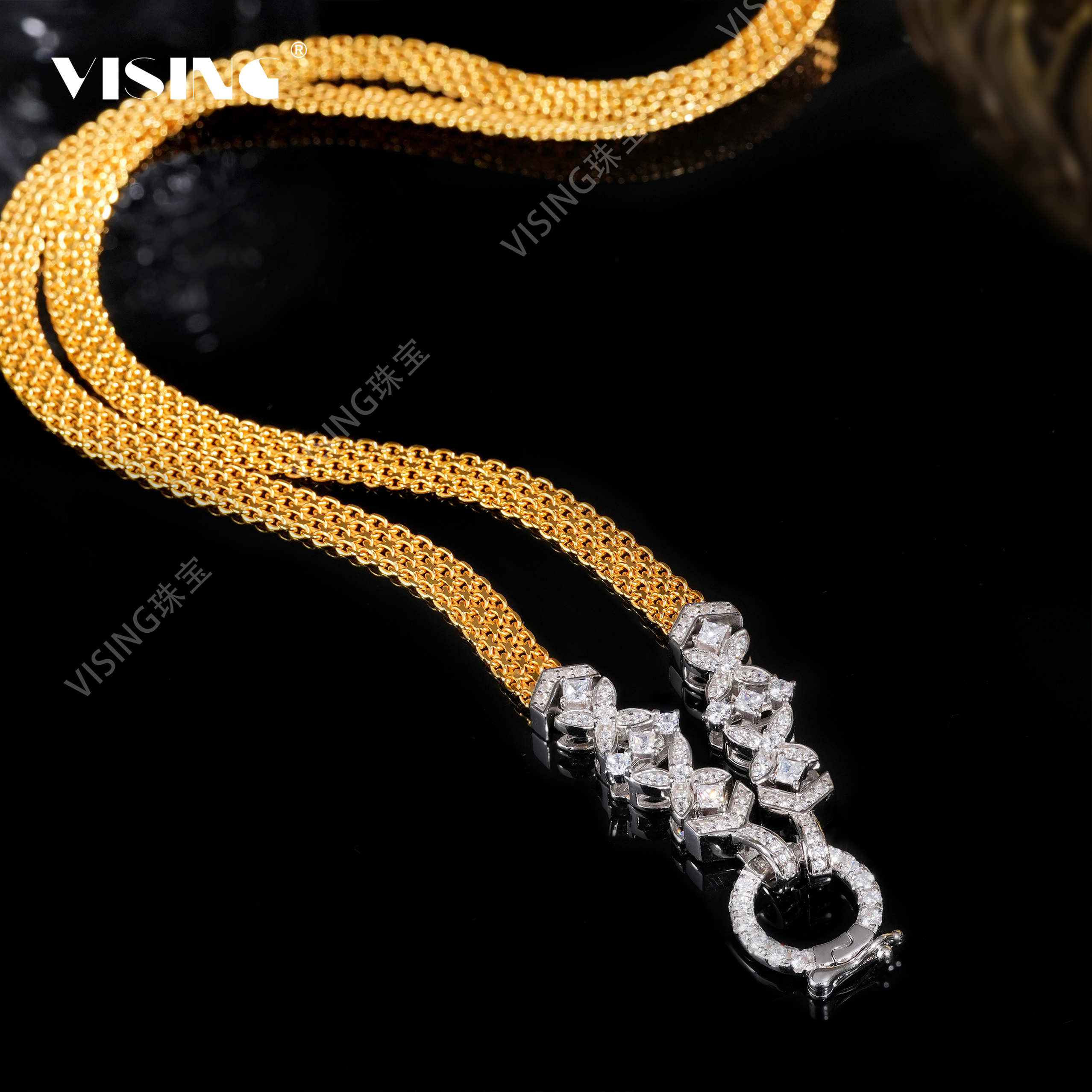 链子925银合成锆石 VS珠宝 双色设计百搭项链金色银色百搭丝带款