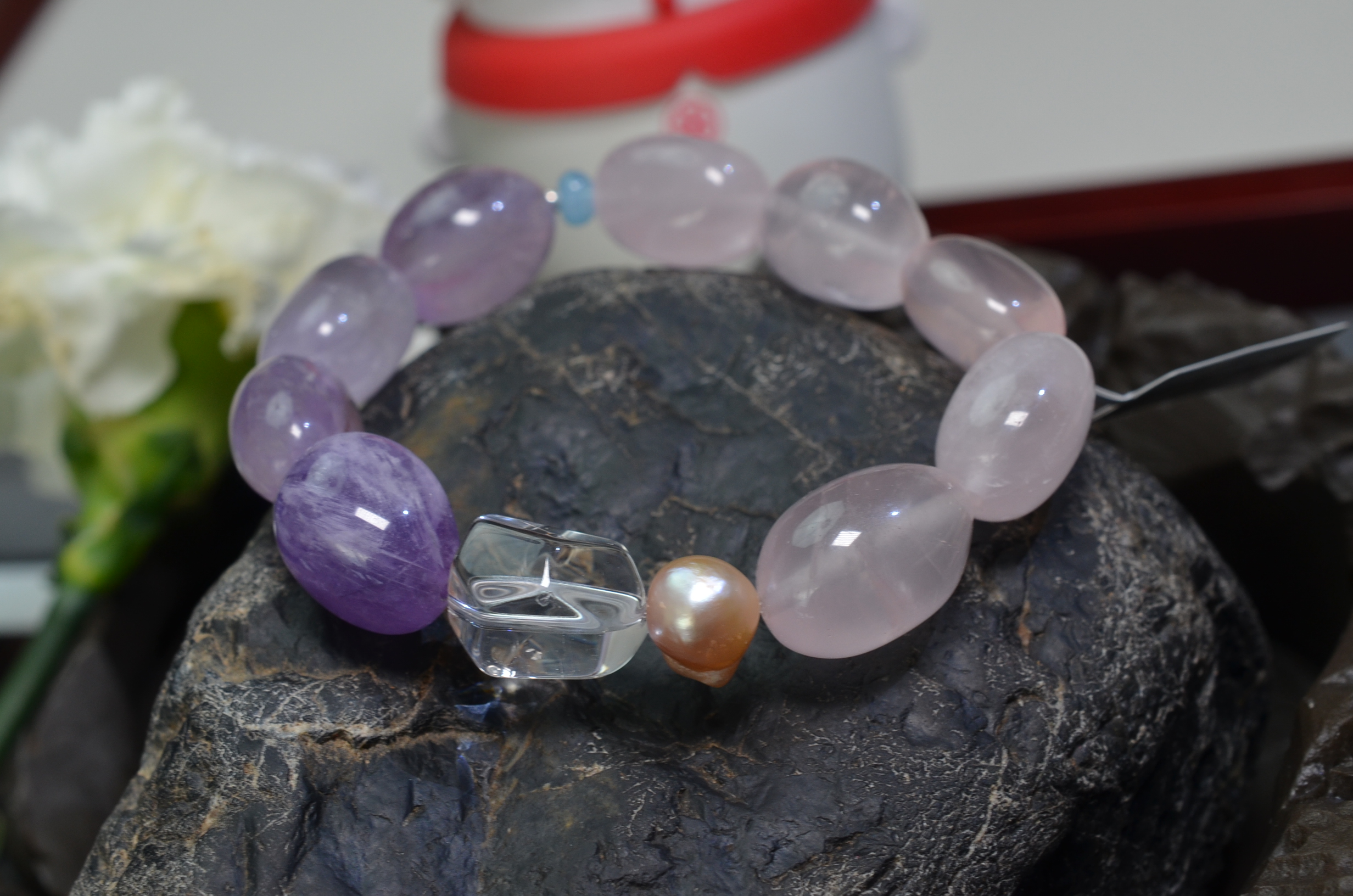 62【九紫离火】天然星光粉水晶手链 白/紫水晶珍珠手串 约15*19MM