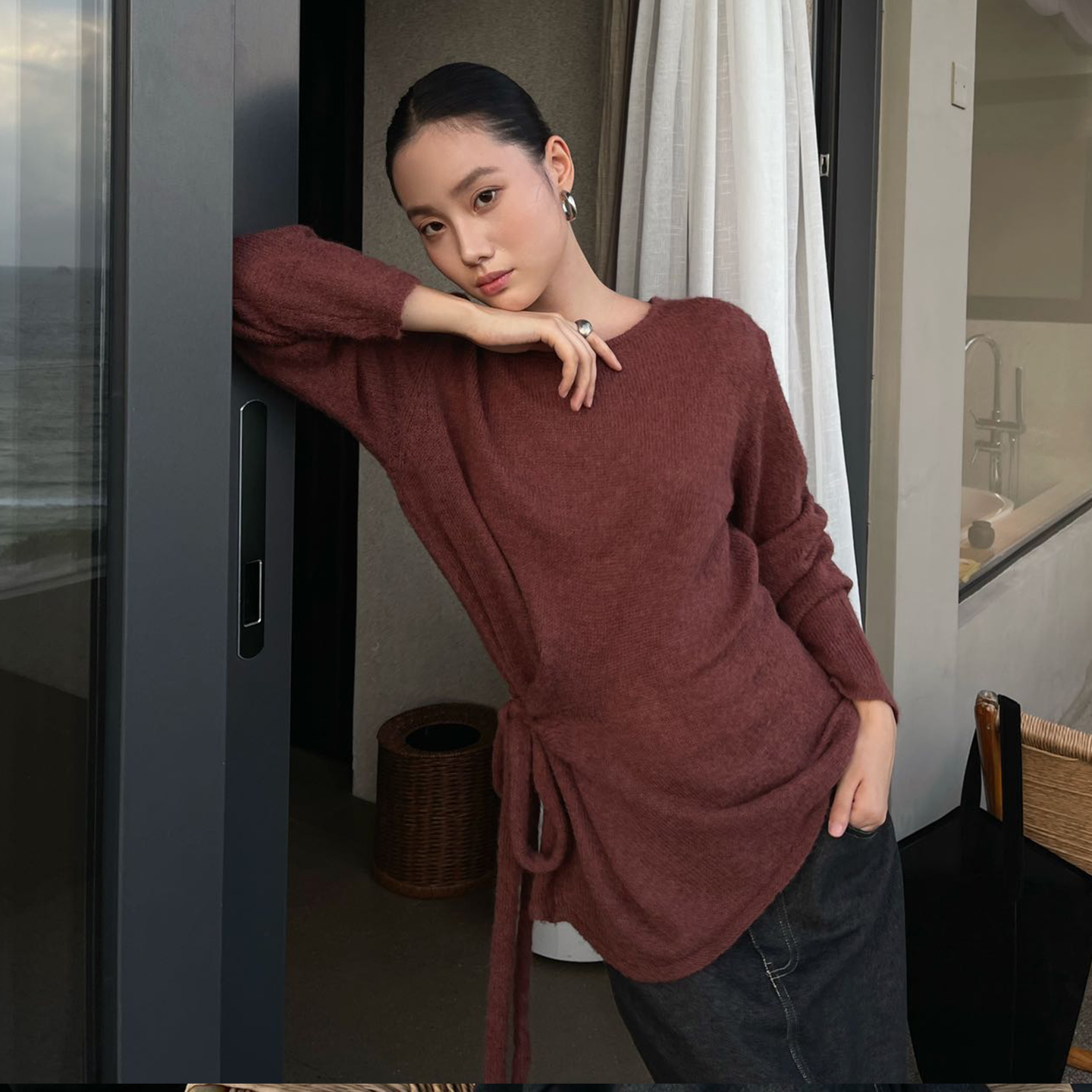 PURITYYH韩系简约长袖绑带针织羊毛上衣内搭外穿时尚百搭套头毛衣