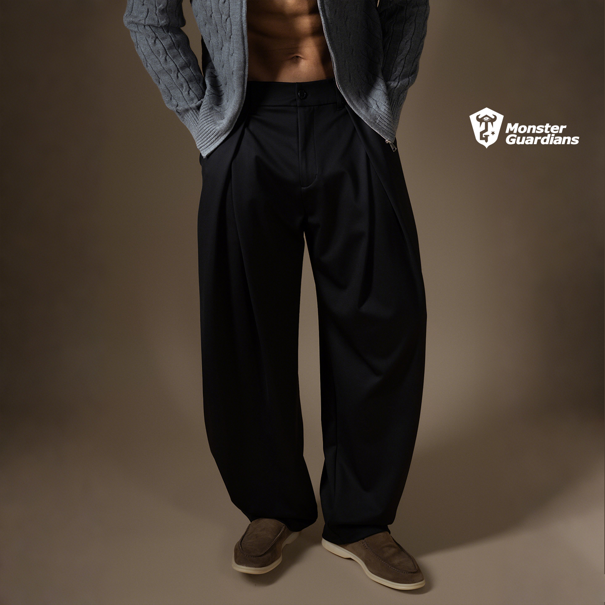 MonsterGuardians男子休闲斜纹收褶弯刀西装长裤