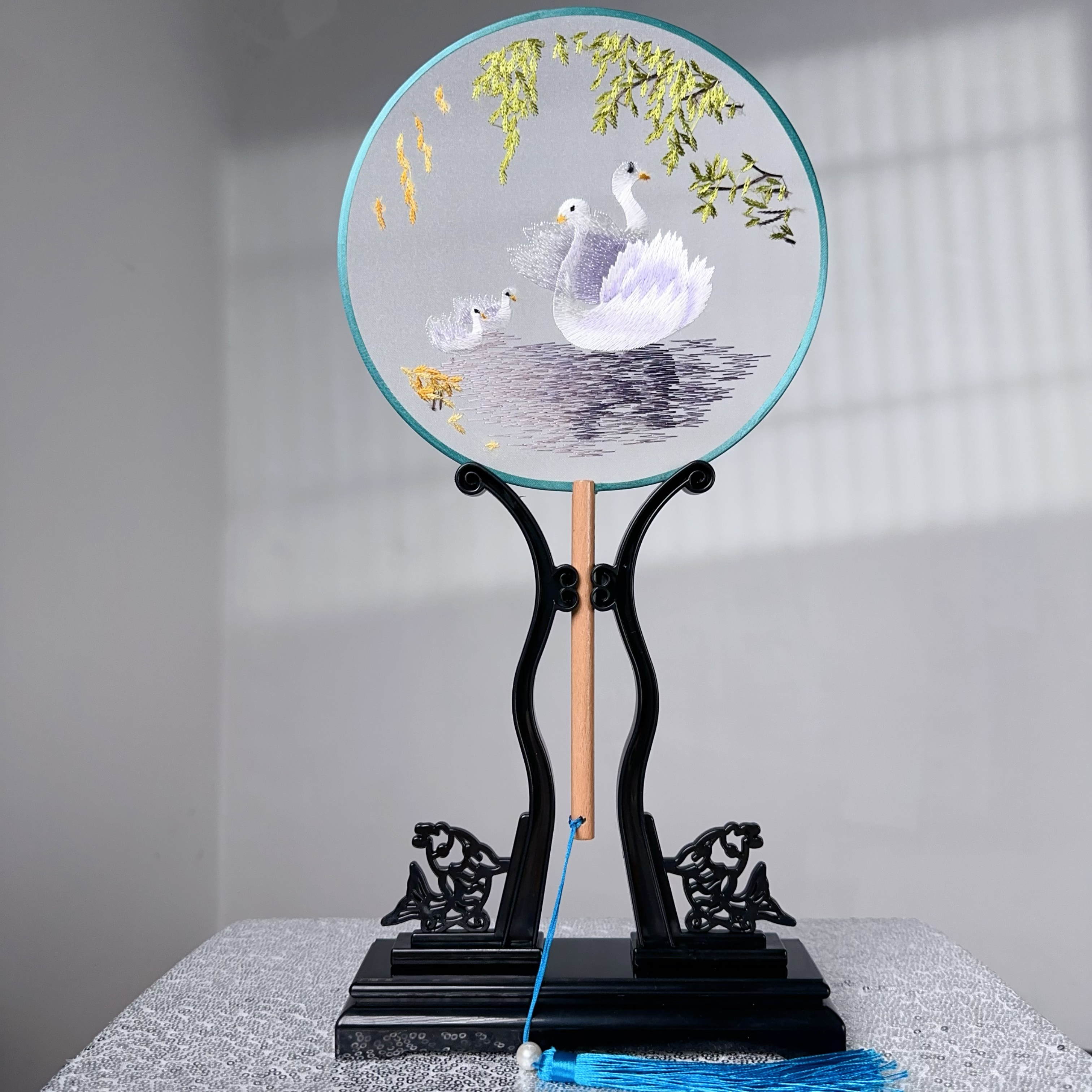 天鹅刺绣团扇古风汉服扇子苏州苏绣中国风旗袍儿童夏天舞蹈扇专用