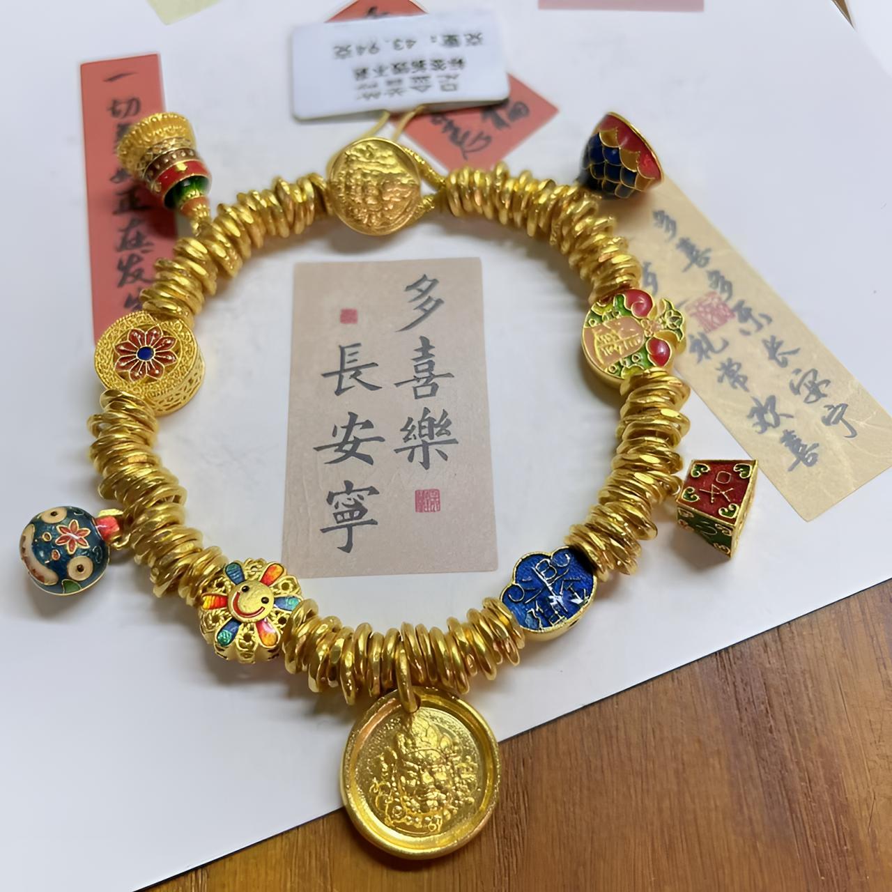 足金999黄金投资金烧蓝黄财盘缠手链（手围可联系店铺客服修改）